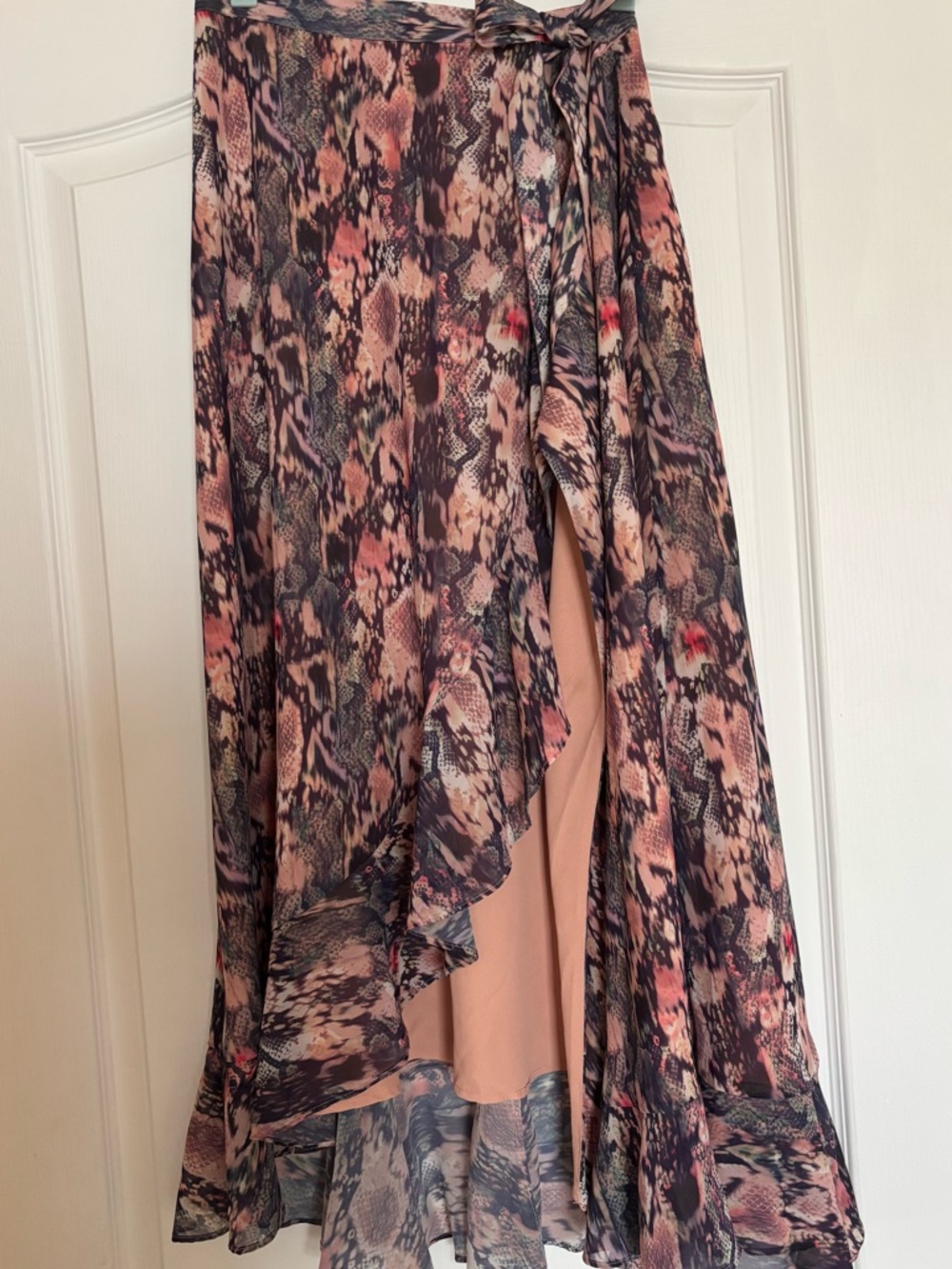 AllSaints Pink and Black Snake-Print Wrap Maxi Skirt